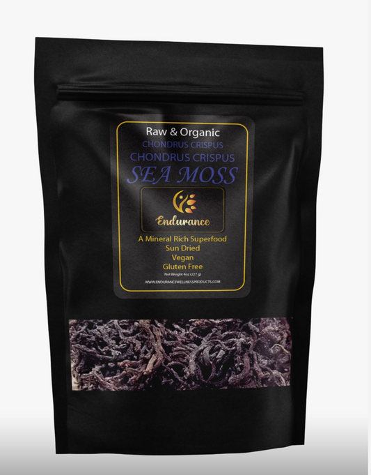 Front of Chondrus Crispus 4 oz Premium Wildcrafted Raw Sea Moss black bag on a white background