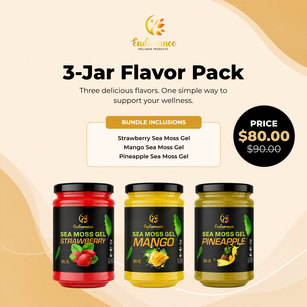 3-Jar Flavor Pack graphic showing Strawberry, Mango and Pineapple Sea Moss Gel jars side by side