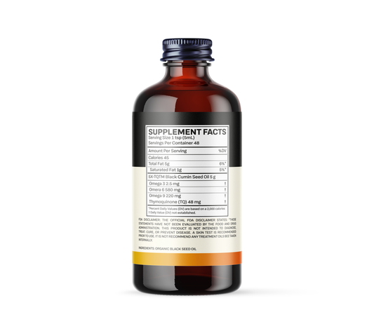 Back view of Endurance Wellness Cold-Pressed Black Seed Oil bottle showing the Supplement Facts label